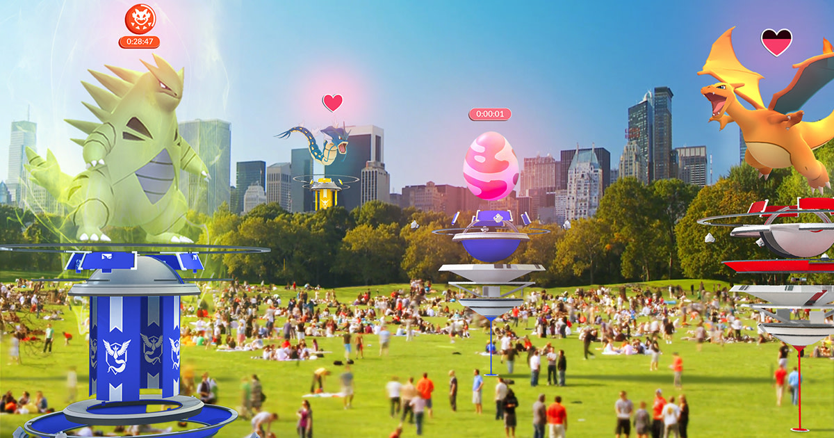 A crowded park with Pokémon Go gyms.